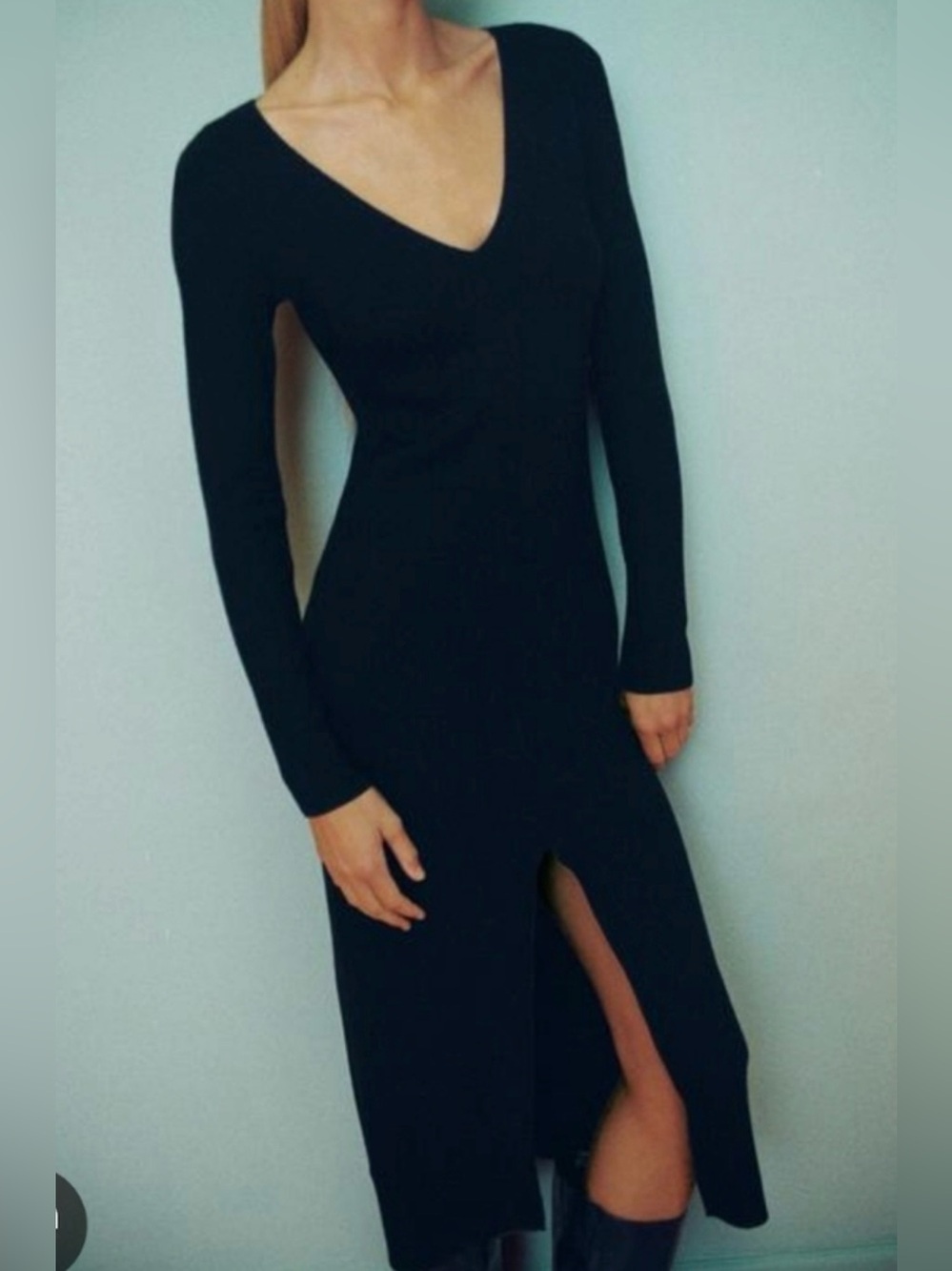 Zara ribbed long sleeve dress with front slit black size small